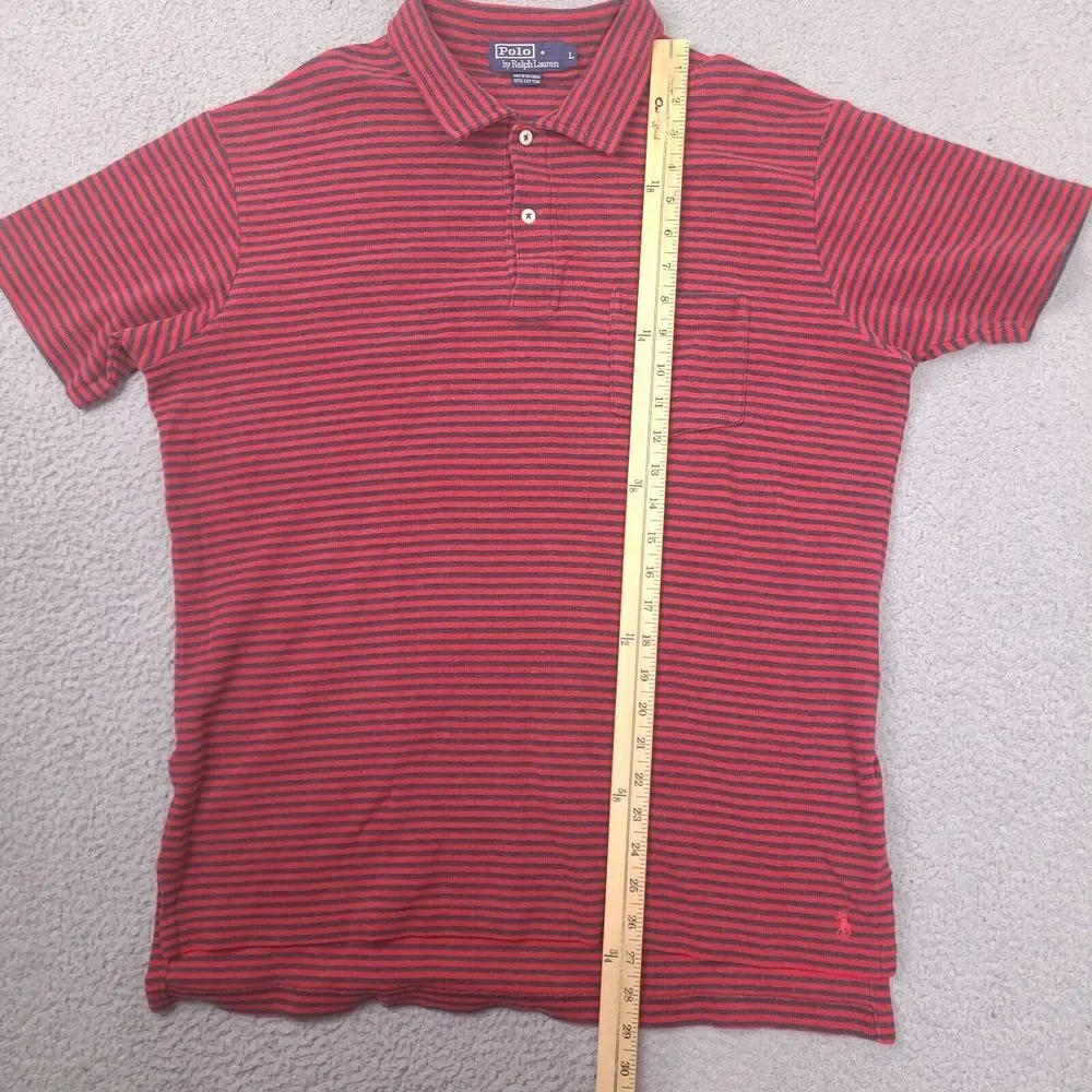Polo Ralph Lauren Polo Shirt Men Large Red Navy Striped Pocket Mini‎ Waffle Knit